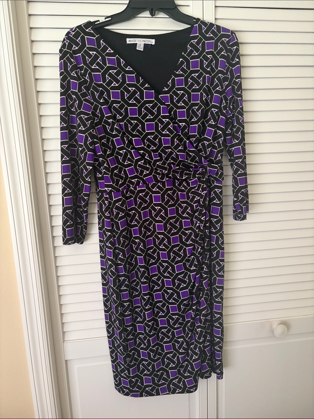 Maggy London Black and Purple Geometric Wrap Dress